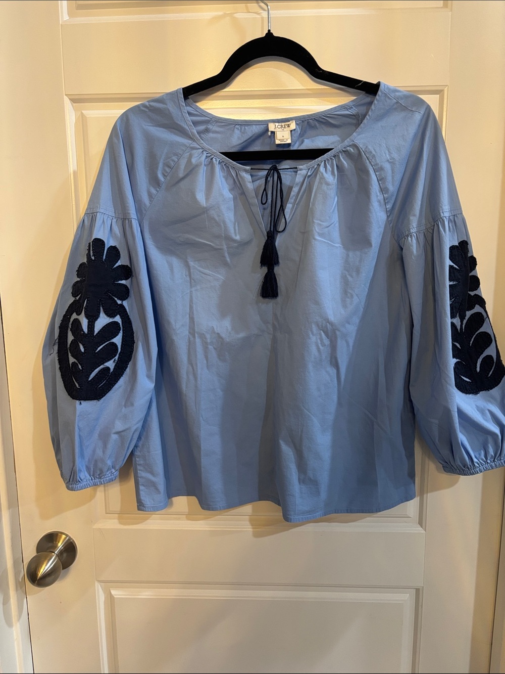 J. Crew Light Blue Peasant Blouse with Navy Embroidery Small